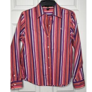 Lauren Ralph Lauren Pink Yellow Purple Stripe Button Front Shirt Medium‎